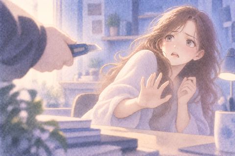 カッターを向けられ手を引く大人の女性