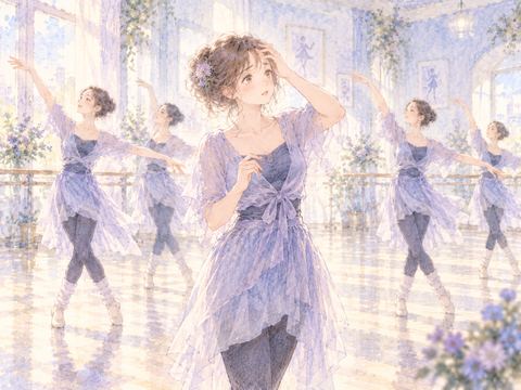 振り付けが思い出せず立ち止まる女性と練習を続ける仲間