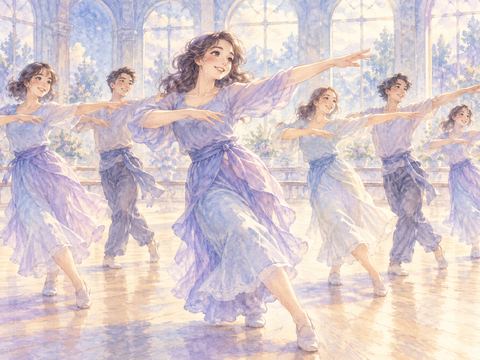 仲間たちと同じステップで楽しそうに踊る女性