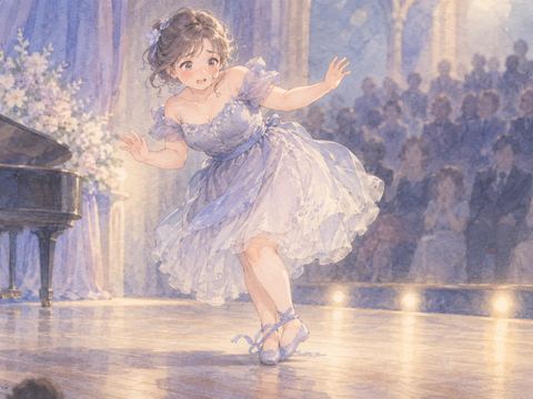 ダンス中に足がもつれ困った表情になる女性
