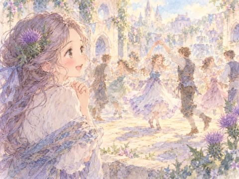 広場で踊る人々を憧れの表情で見つめる女性