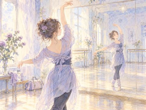 鏡の前で手の動きを確かめながらダンスを練習する女性