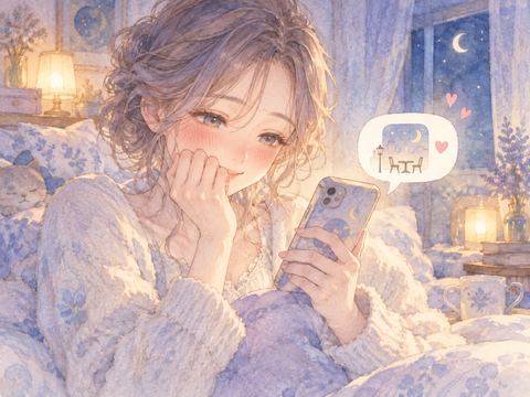 スマートフォンのデートの誘いを見て微笑む女性