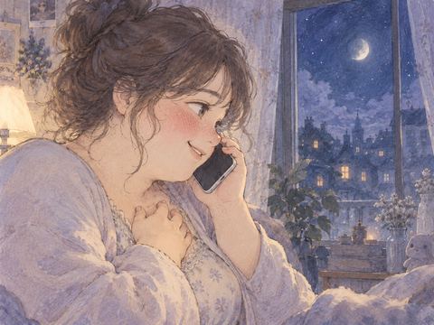 電話でデートに誘われ緊張しながら微笑む女性