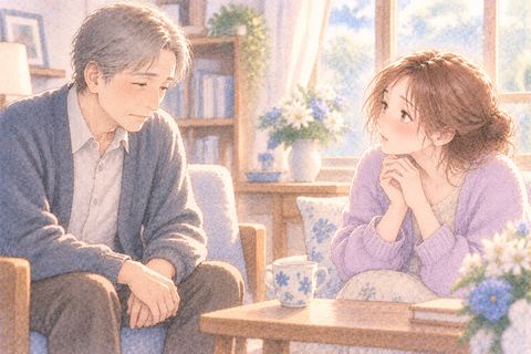 元気のない故人を心配そうに見る大人の女性