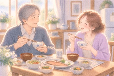故人と自然に食卓を囲む大人の女性