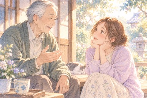 生き返った祖父の話を聞く大人の女性