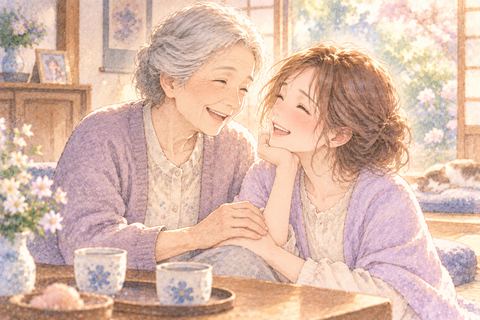 生き返った祖母と笑顔で再会する大人の女性
