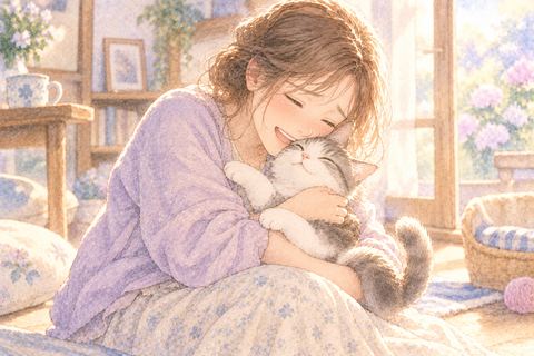 元気に戻った猫を抱きしめる大人の女性