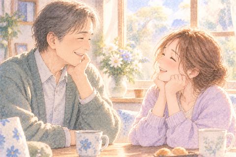 笑顔で生き返った人を見つめる大人の女性