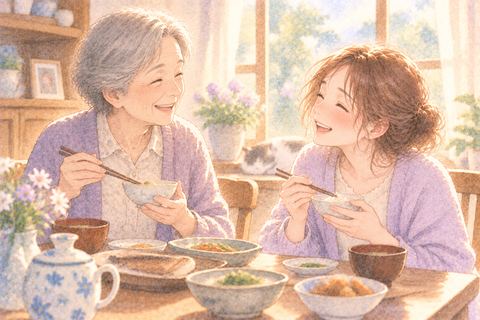 生き返った人と食卓で笑い合う大人の女性