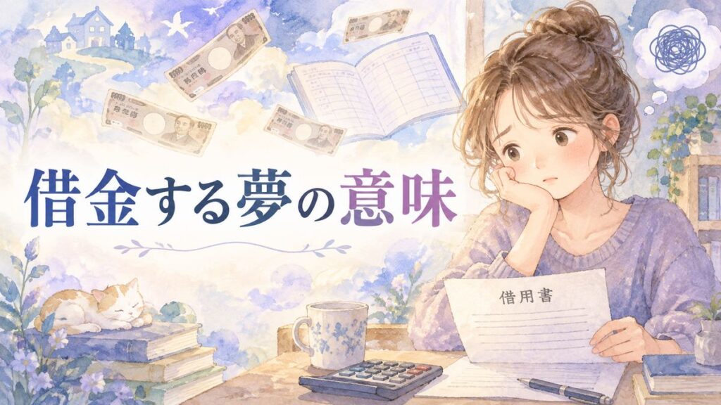 借用書を前に不安そうに考える大人の女性と浮かぶ紙幣