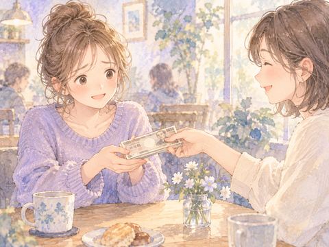 友達から紙幣を受け取りほっとした表情を見せる大人の女性