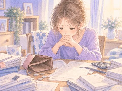 空の財布と返済書類を前に途方に暮れる大人の女性