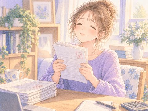 返済済みの書類を手に穏やかに微笑む大人の女性