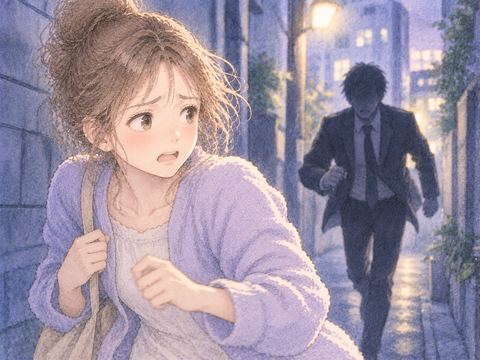 背後から迫る人影を振り返り不安そうに逃げる大人の女性