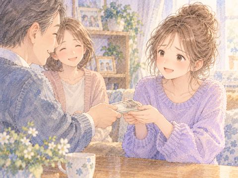 家族からお金を受け取り穏やかな表情になる大人の女性