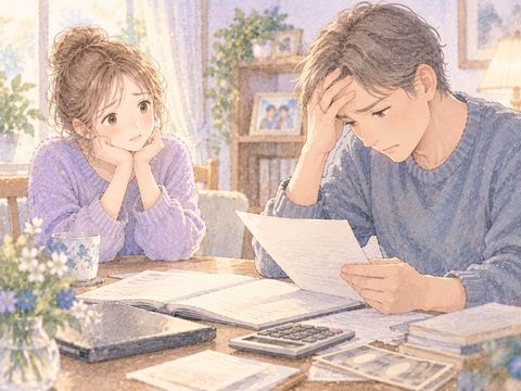 借用書を手に困った表情を浮かべる家族を心配そうに見る女性