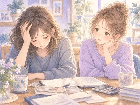 紙幣と帳簿を前に悩む友達を心配そうに見つめる女性