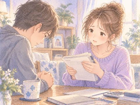 借用書を受け取り戸惑いながら相手を気遣う大人の女性