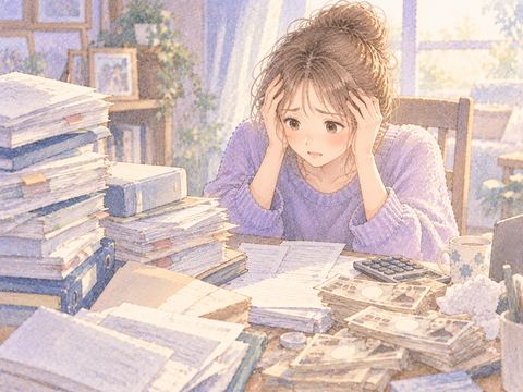 積み重なった帳簿と紙幣を前に不安そうに座る大人の女性