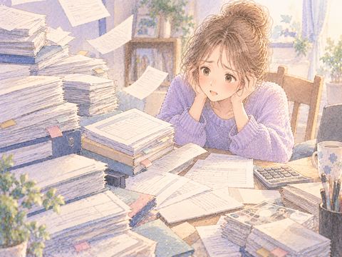 増えていく借用書と帳簿を前に困惑する大人の女性