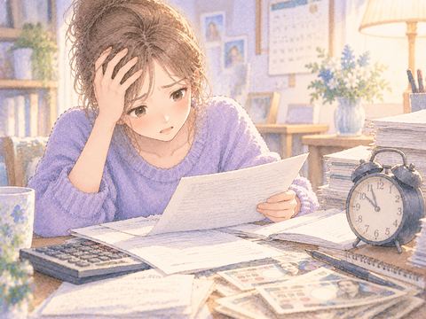 返済期限の書類を前に焦った表情で考え込む大人の女性
