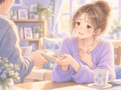 お金を受け取り胸をなで下ろす大人の女性