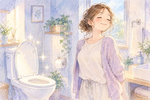トイレで用を足したあと穏やかに立つ大人の女性