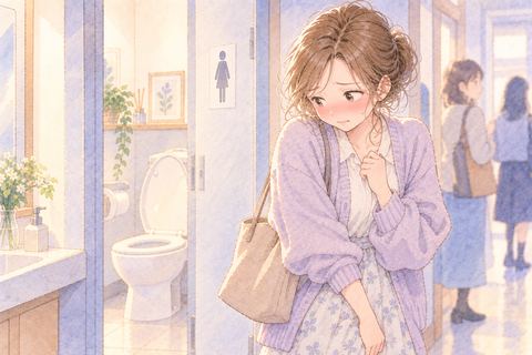 排便後に頬を赤らめ恥ずかしそうにする大人の女性