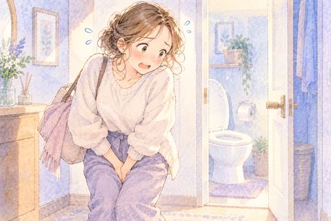 漏らしてしまったことに気づき焦る大人の女性