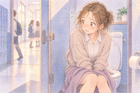 学校のトイレで周囲を気にする大人の女性