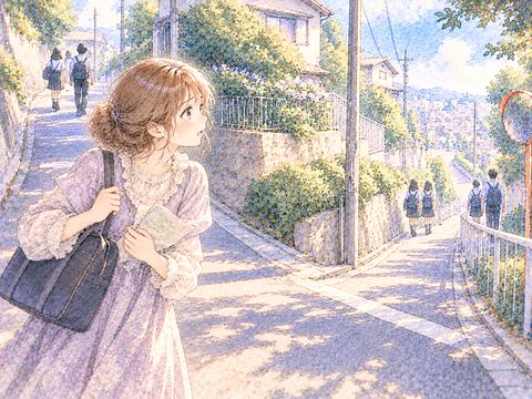 学校を探して知らない通学路で立ち止まる女性