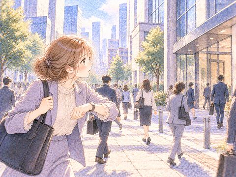 オフィス街で会社を探し時計を気にする女性