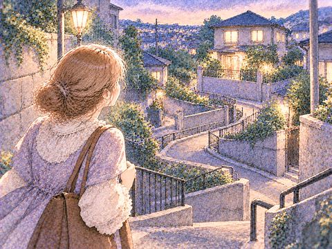 明かりのついた自宅が見えるのに帰れず佇む女性