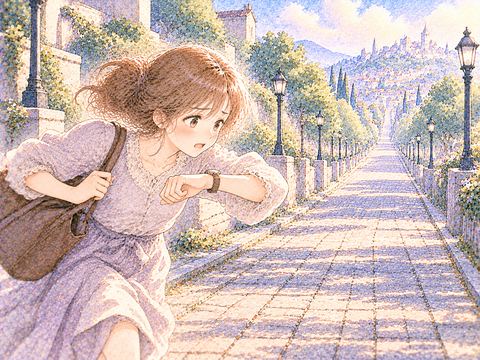 走っても景色が変わらず時計を見て焦る女性