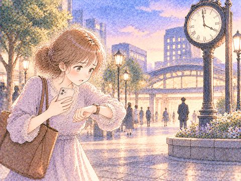 約束の時刻を過ぎた時計を見て立ち尽くす女性