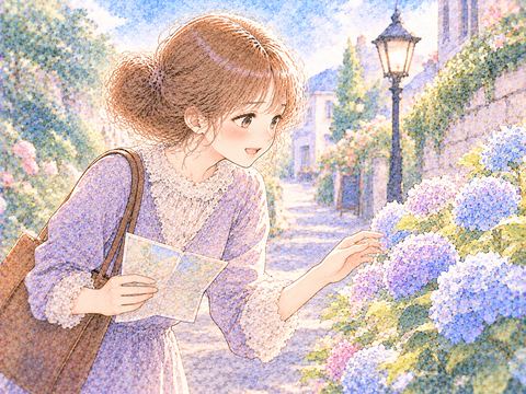 道に迷いながらも花の咲く小道で微笑む女性