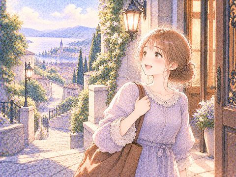 長い道の先の目的地に到着してほっとする女性