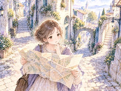 道端で地図を広げて困った顔をする女性