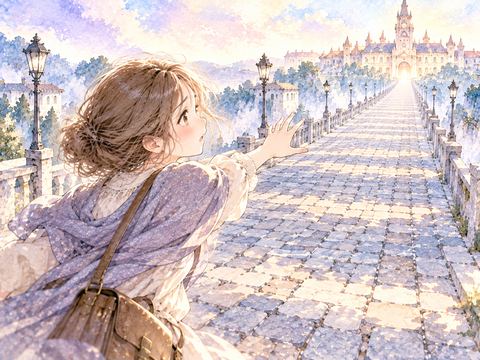 目の前の建物へ続く道が伸びて戸惑う女性