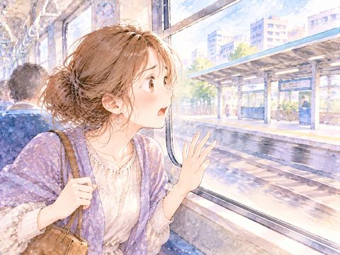違う方向へ走る電車の窓から外を見る女性
