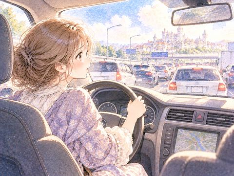 渋滞する道路でハンドルを握り困る女性
