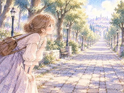 長い並木道を歩き疲れて立ち止まる女性