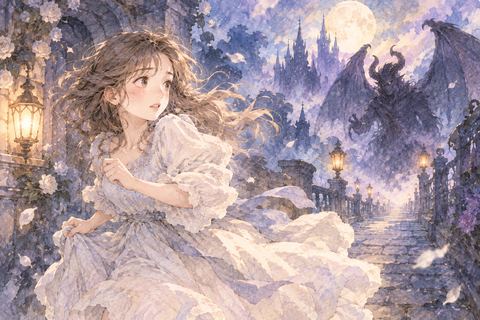 悪魔から離れるように走る大人の女性
