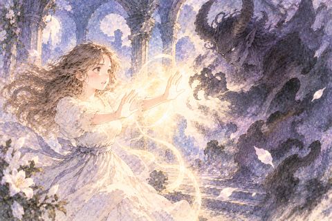 光で悪魔の影を祓う大人の女性