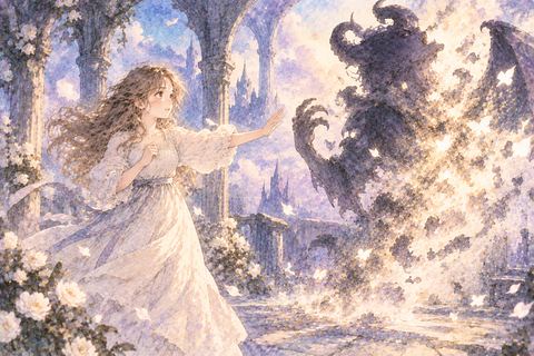 消えていく悪魔を見届ける大人の女性