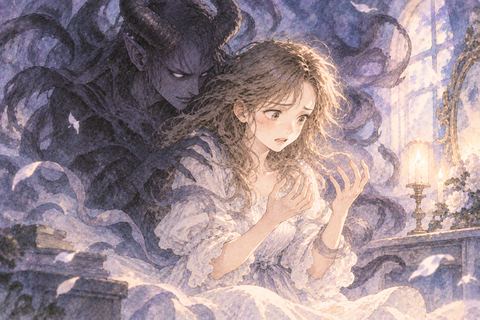 悪魔の影に包まれて戸惑う大人の女性