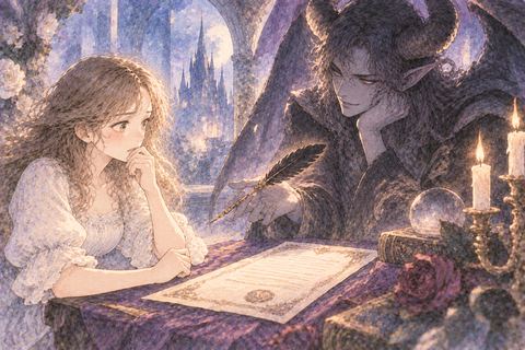 悪魔を前に契約書を見つめて迷う大人の女性
