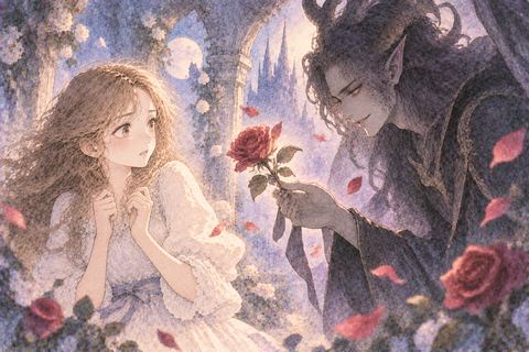 悪魔から花を差し出され戸惑う大人の女性